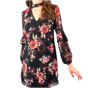 White House Black Market Dress Black Floral Chiffon Long Ruffle Sleeve S…